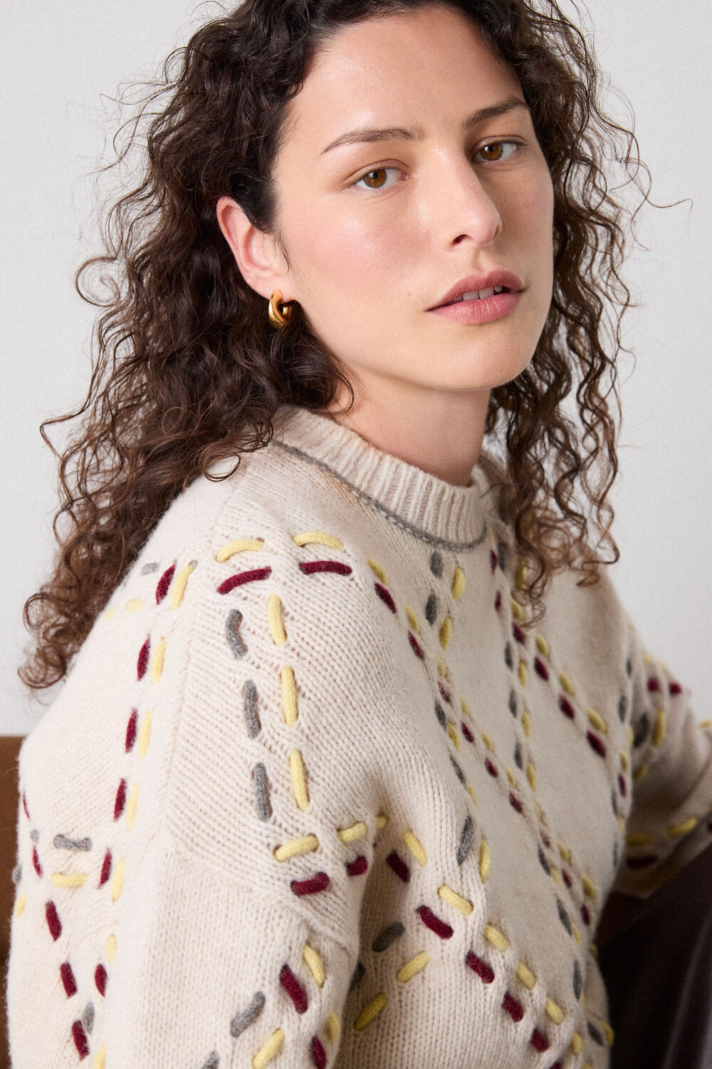 Ivory Fringed Argyle Check Knit