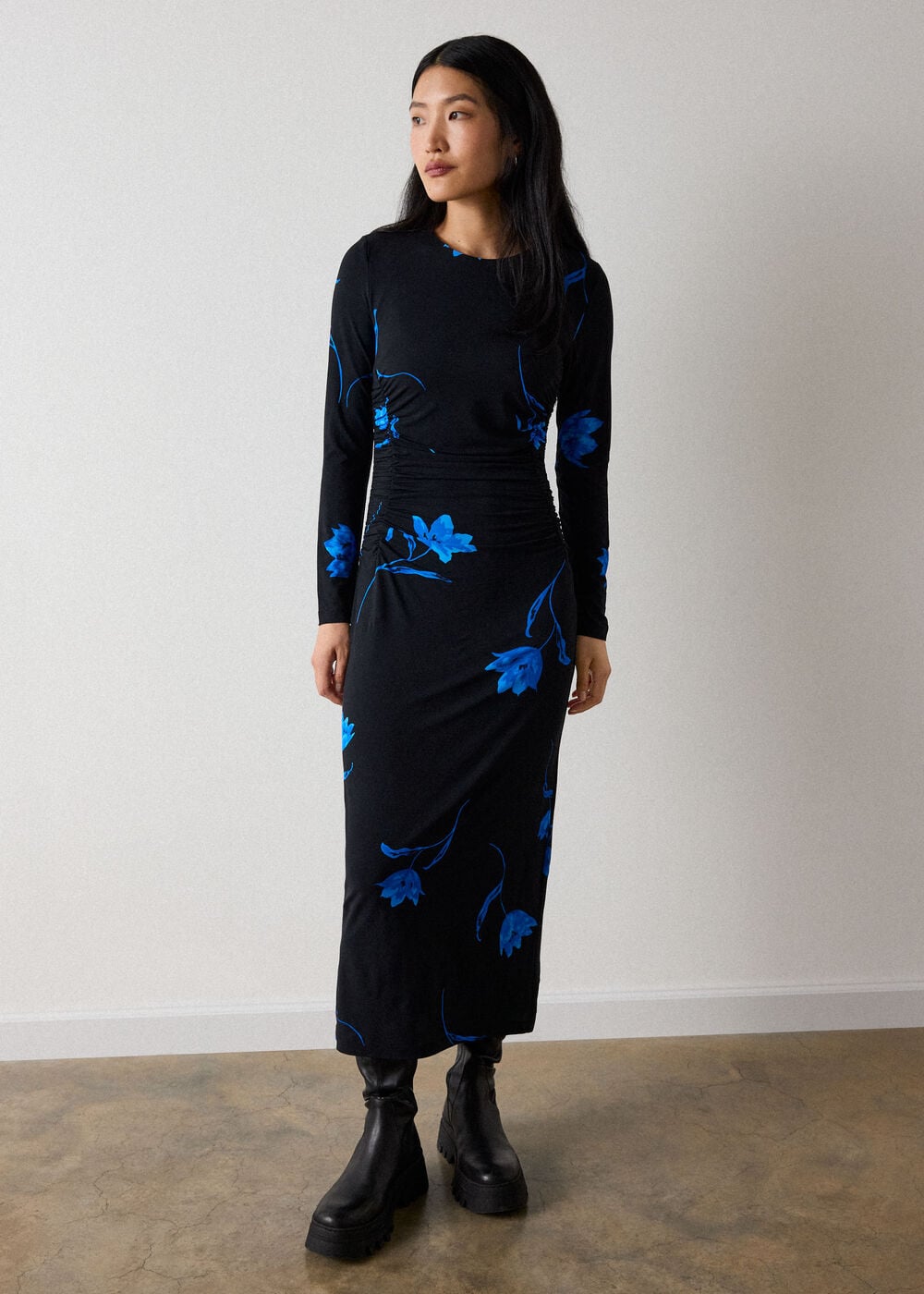 Black Floral Ruched Jersey Dress
