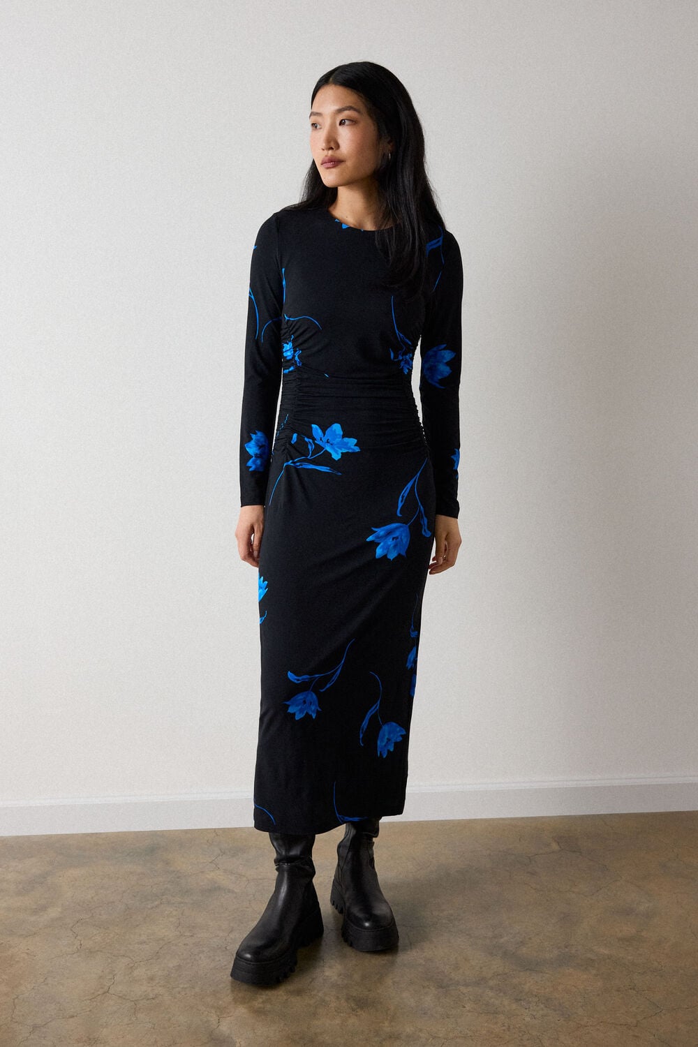 Black Floral Ruched Jersey Dress