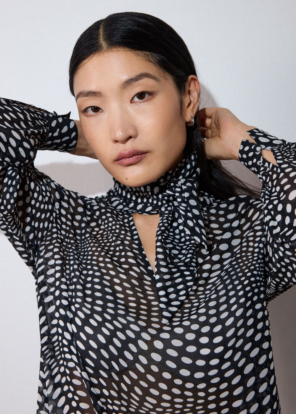 Mixed Spot Scarf Sheer Blouse