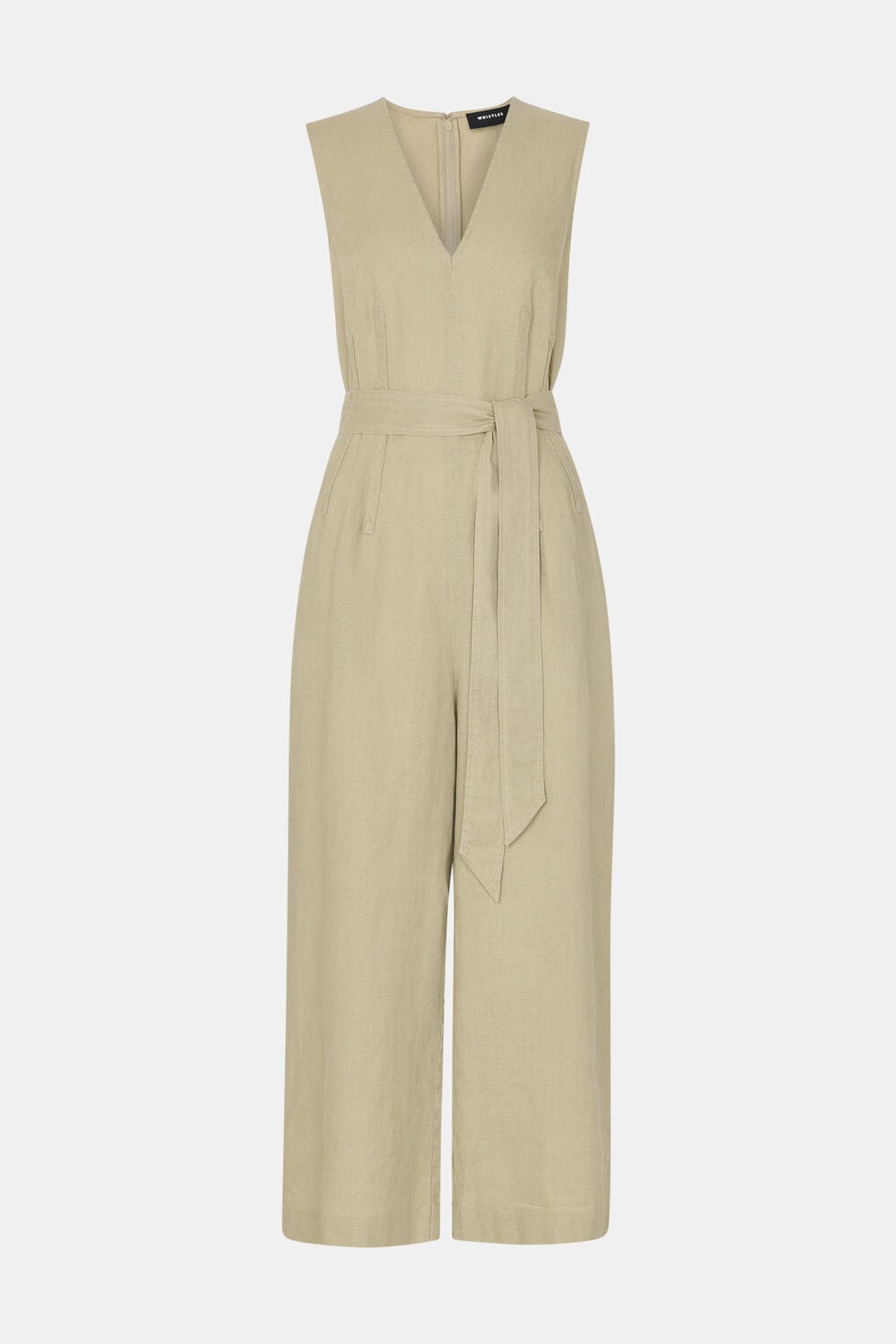 Neutral Belted Seamed Linen Jumpsuit