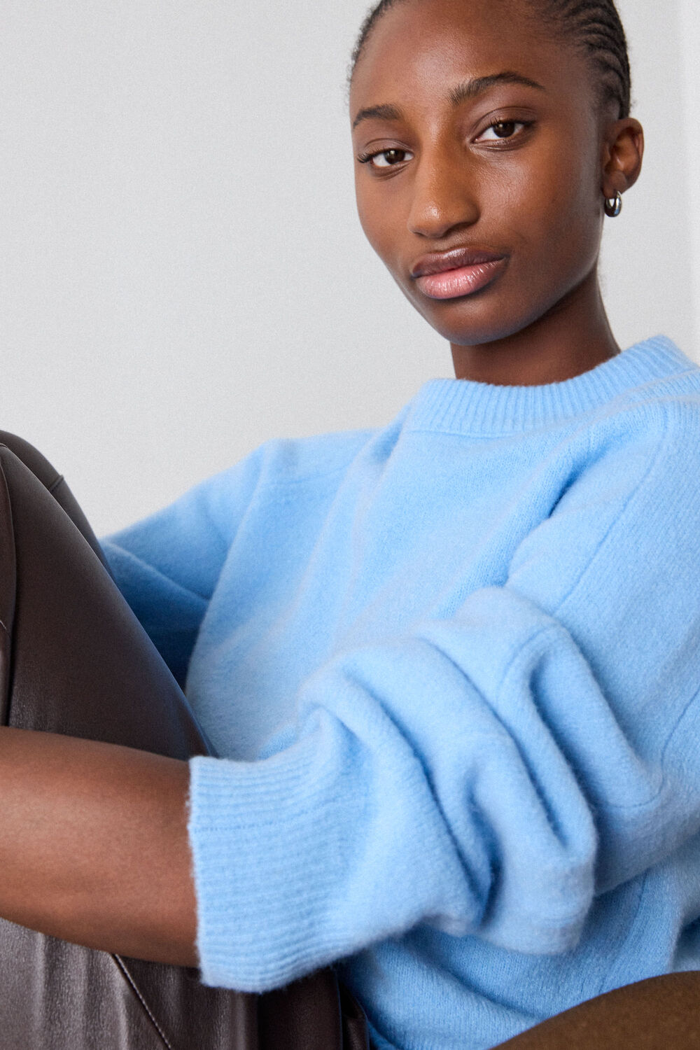 Pale Blue Wool Mix Curved Hem Knit