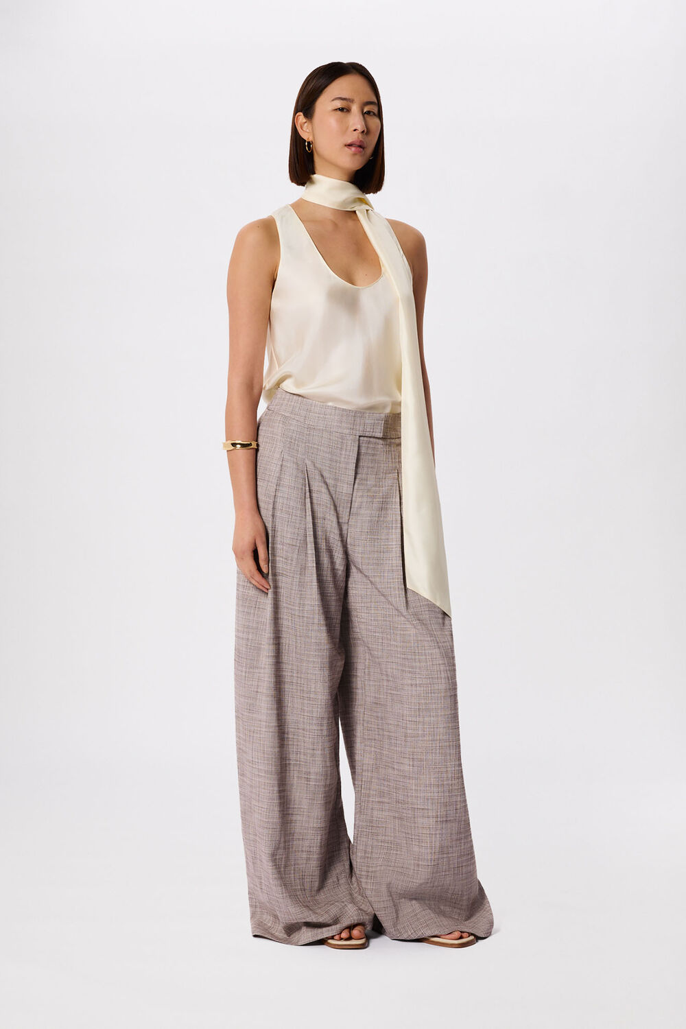Grey Check Pleat Wide Leg Trouser