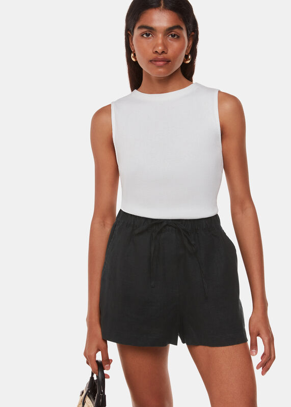 Black Petite Linen Elasticated Short