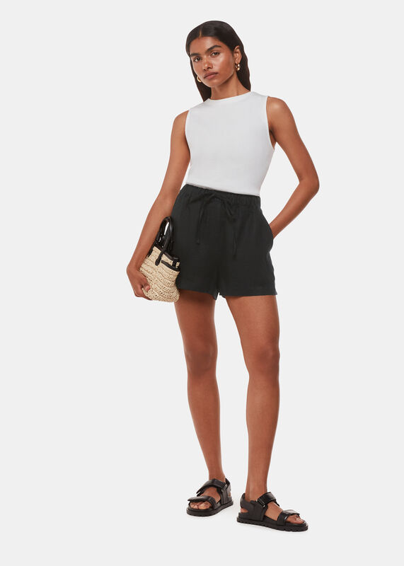 Black Petite Linen Elasticated Short