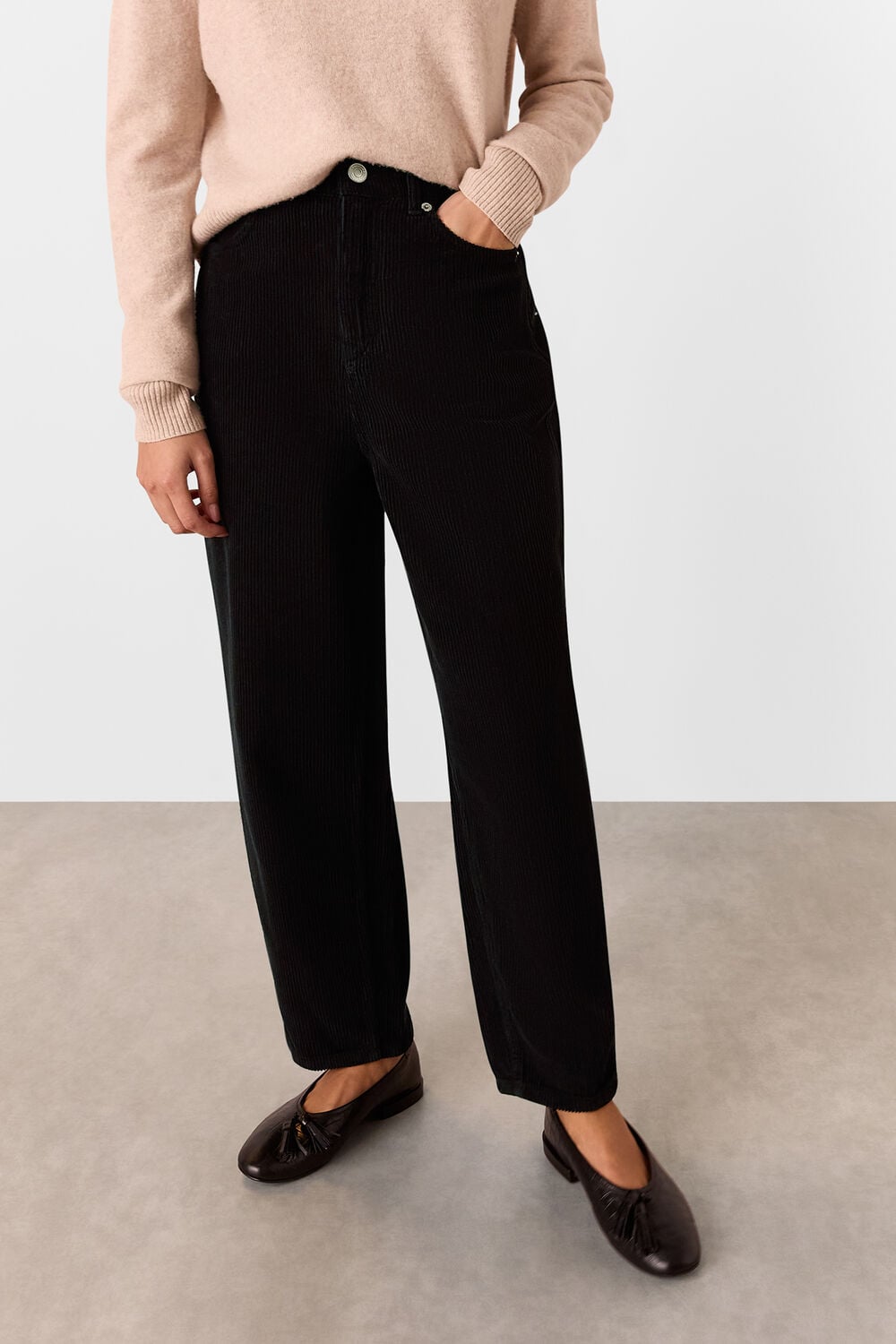 Black Petite High Waist Cord Barrel Jean