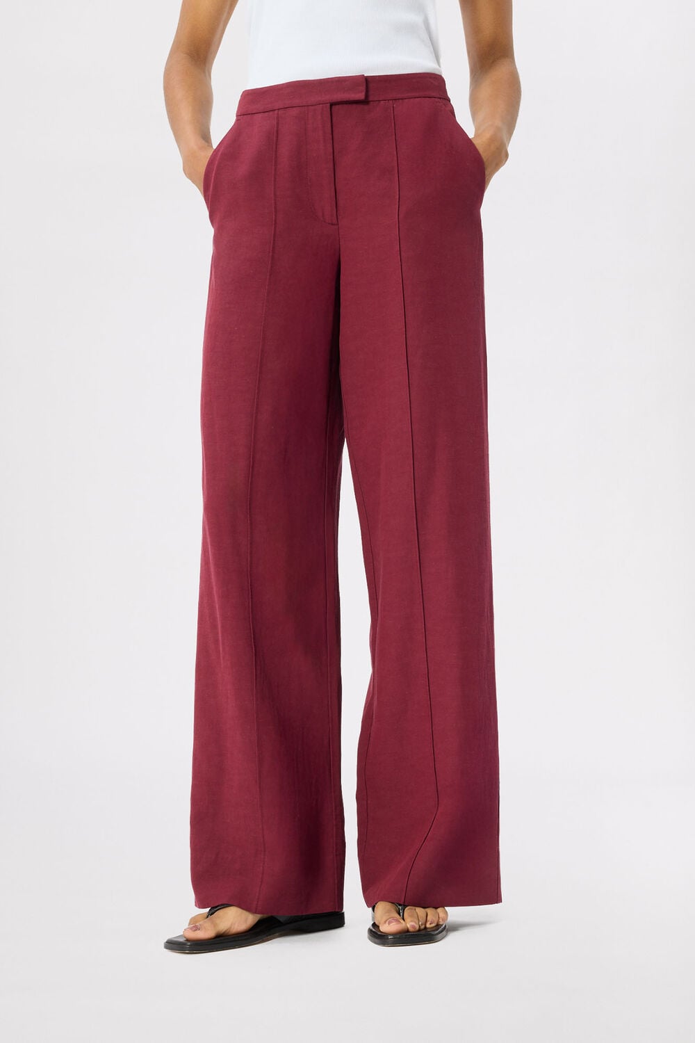 Burgundy Linen Blend Pintuck Trouser