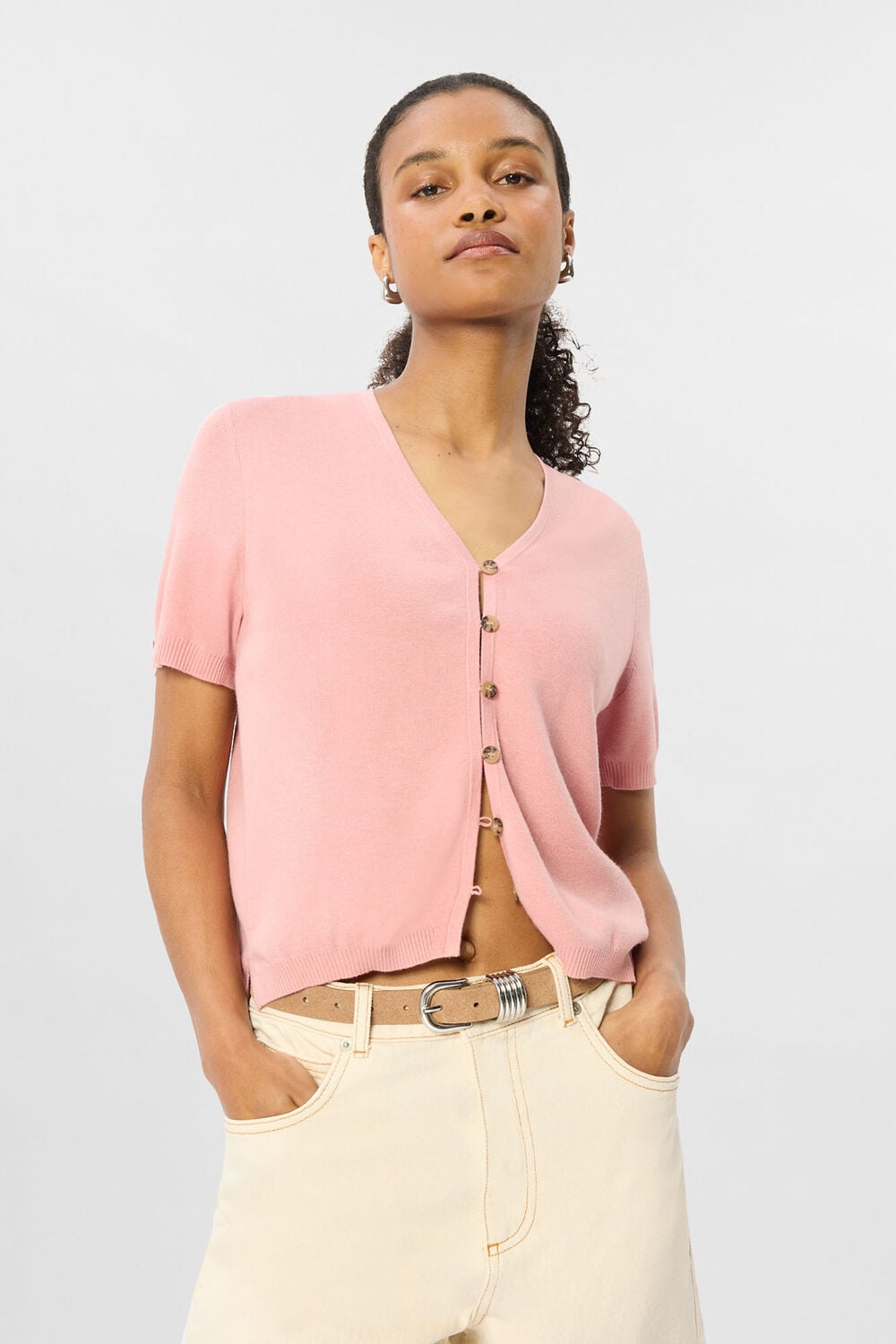 Pink Short Sleeve Button Front Knit