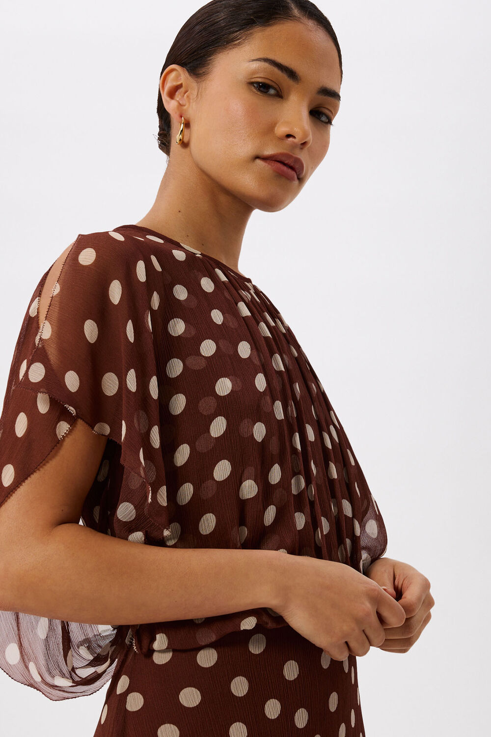 Brown Petite Polka Dot Print Midi Dress