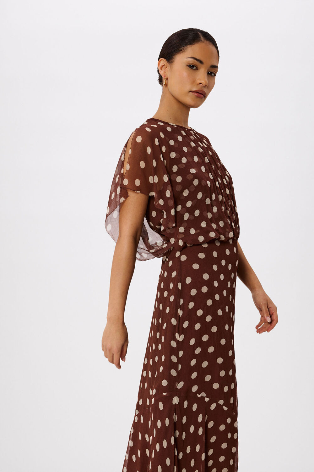 Brown Petite Polka Dot Print Midi Dress