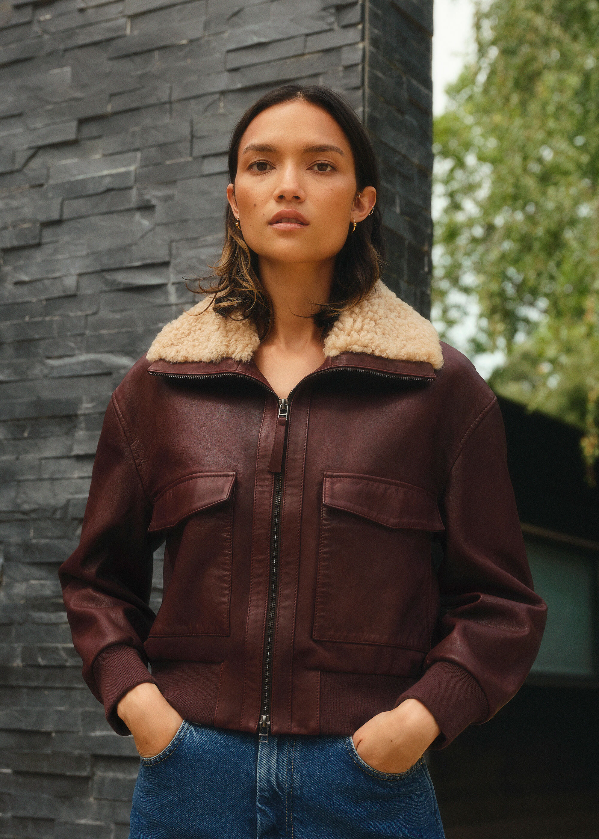 Burgundy sale shearling jacket