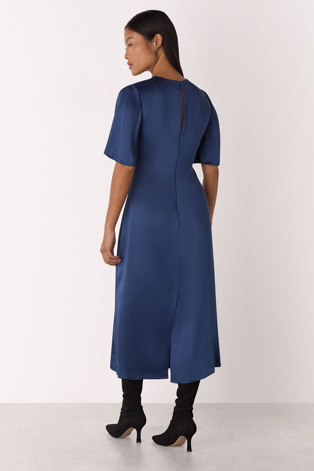 Blue Petite Satin Twist Waist Midi Dress