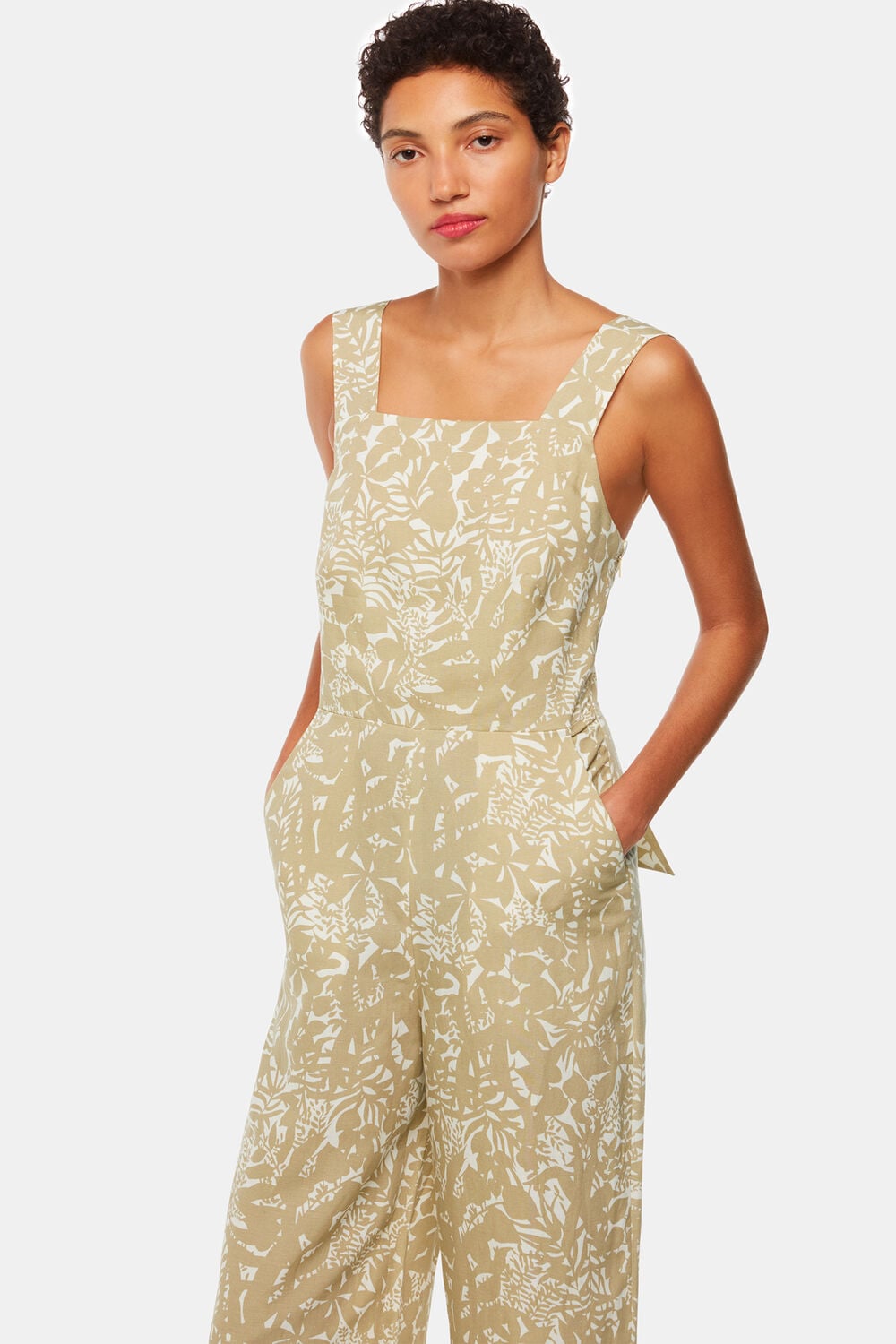 Khaki Tropical Leaves Jumpsuit