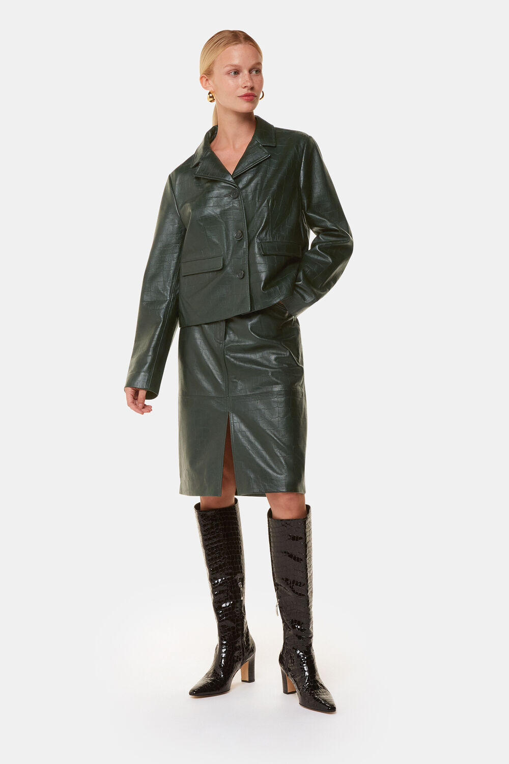 Dark Green Delia Croc Leather Skirt