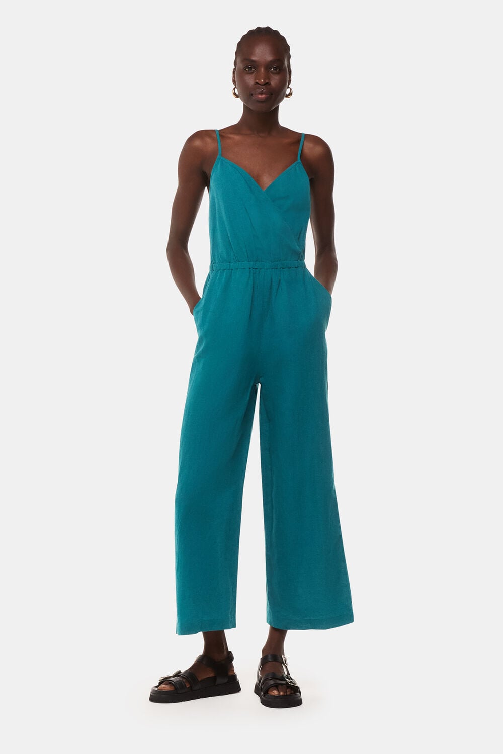 Teal Wrap Linen Blend Jumpsuit