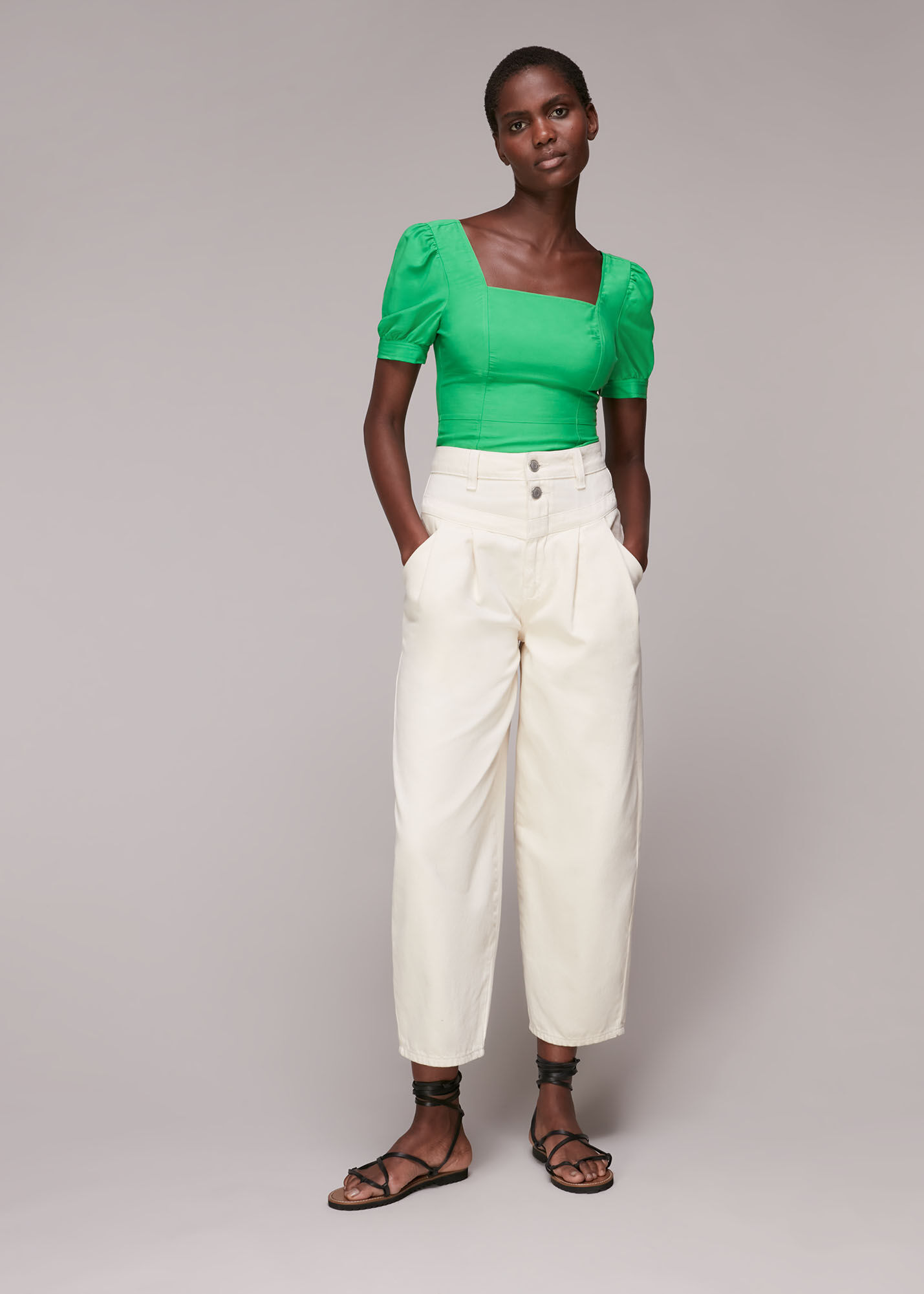 CLANE | WAIST SHAPE PUFF SLEEVE TOPS color：WHITE / BEIGE