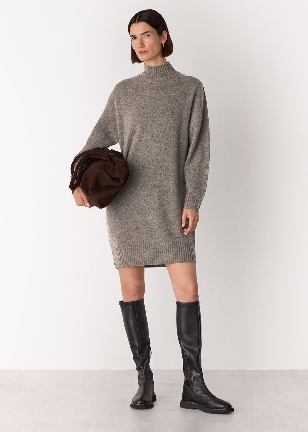 Petite Funnel Neck Wool Mini Dress