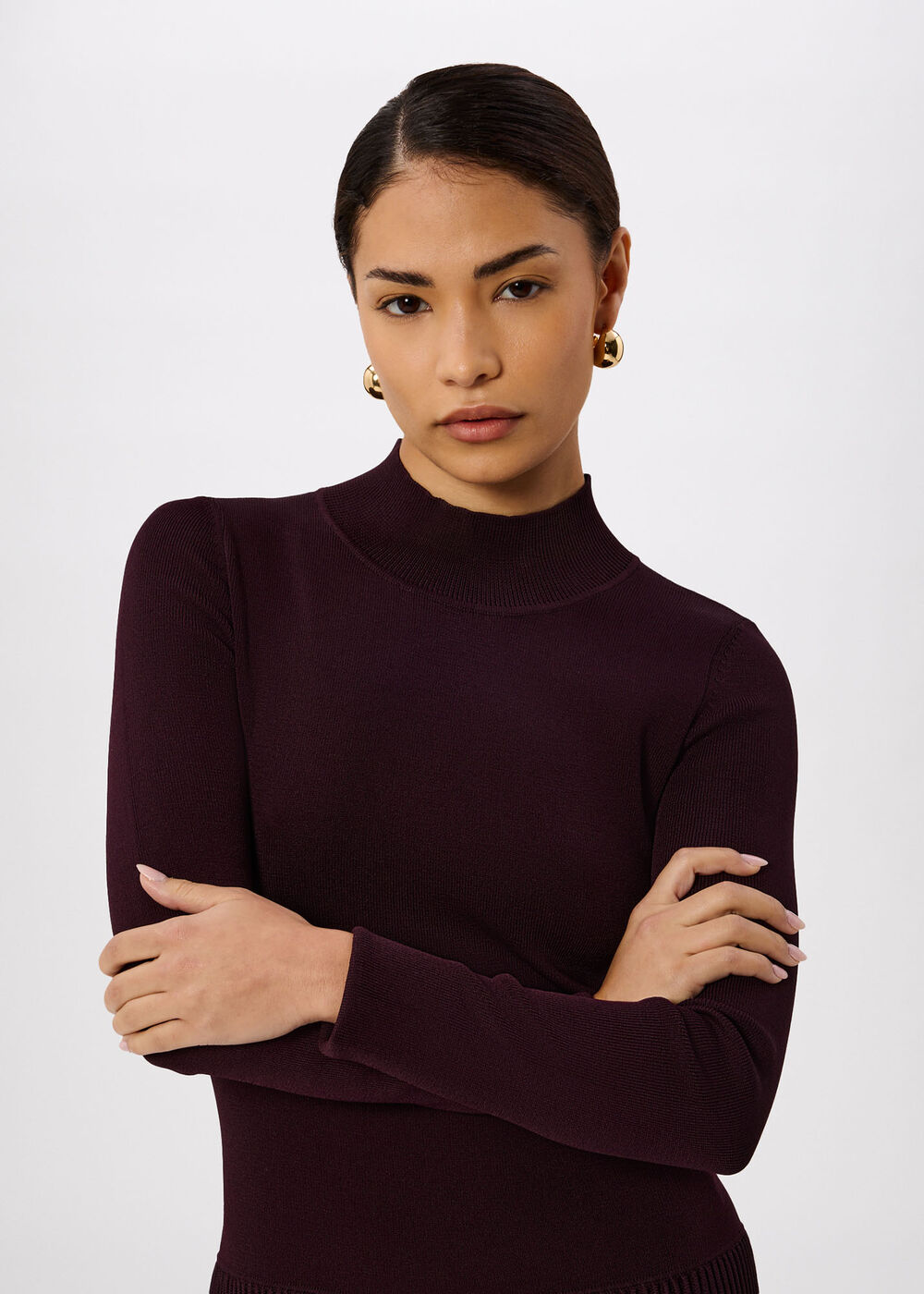 Petite Funnel Neck Pleated Knit Dress