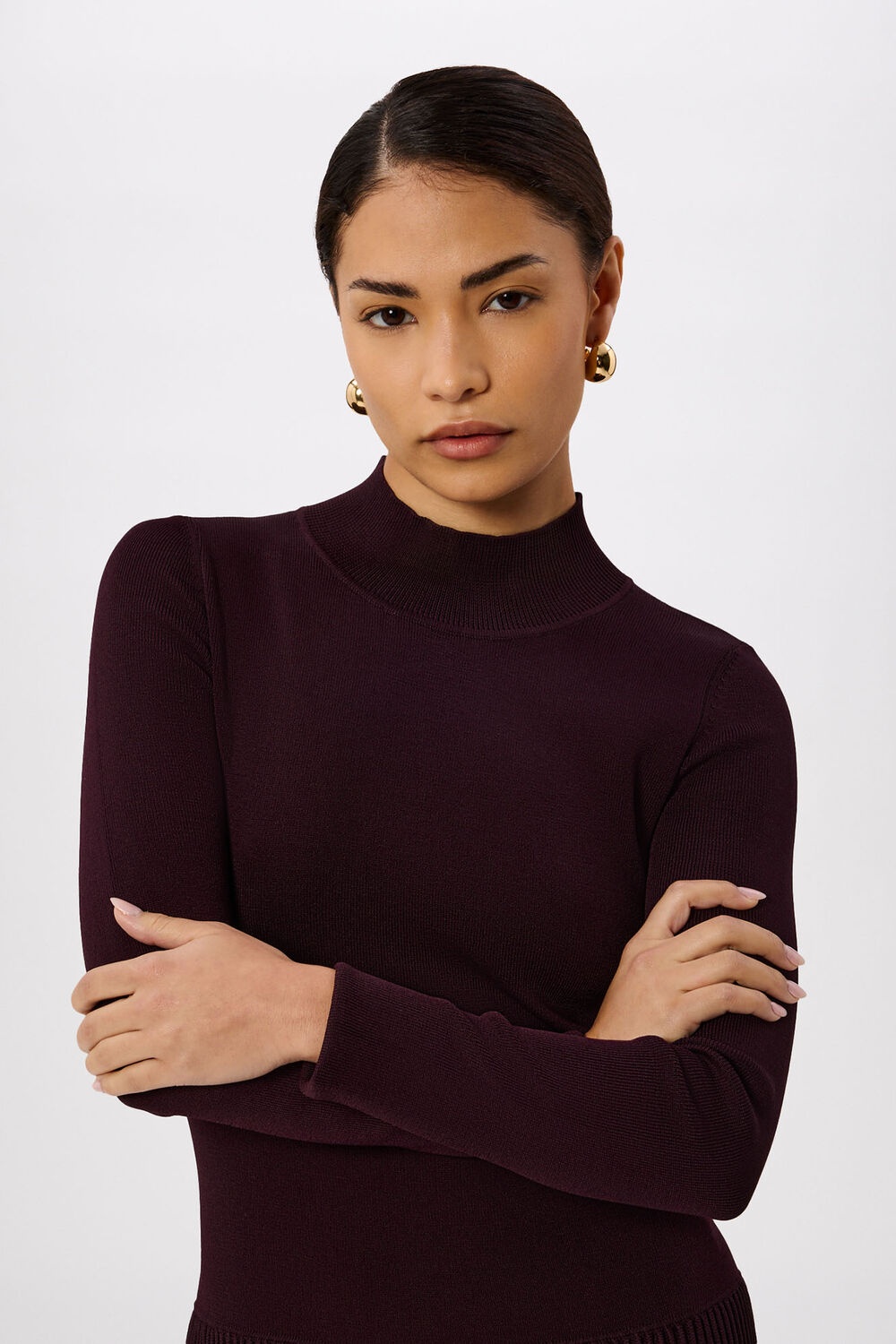 Plum Petite Funnel Neck Pleated Knit Dress