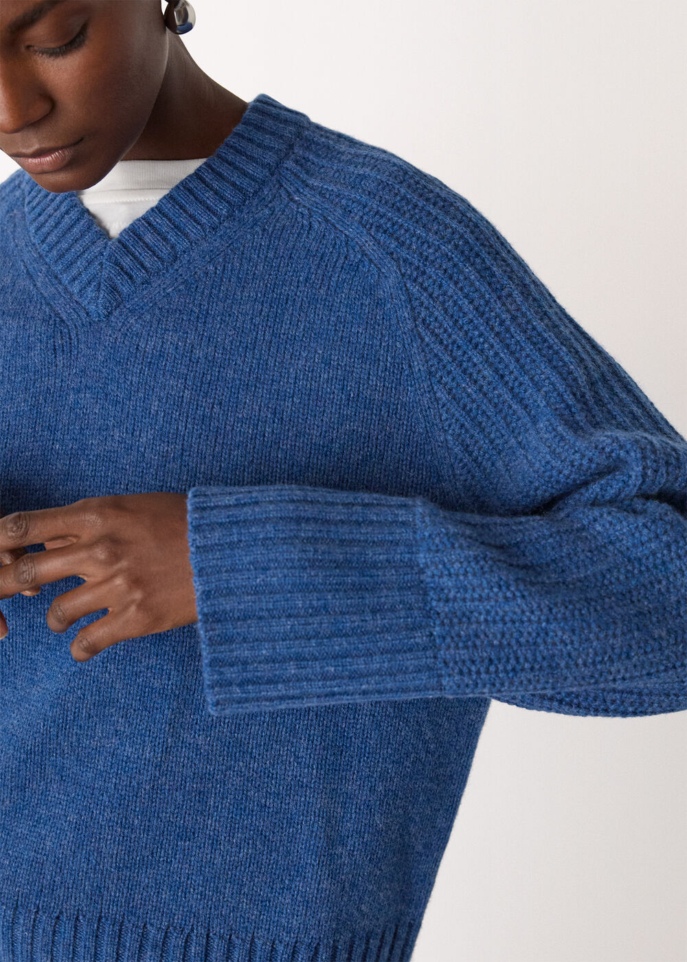 Wool Ribbed Sleeve V Neck Knit