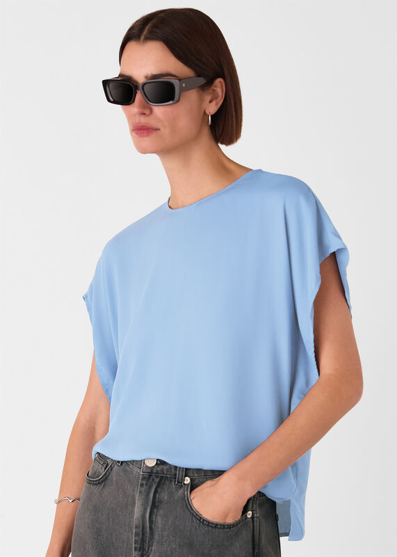 Blue Short Sleeve Crepe Shell Top