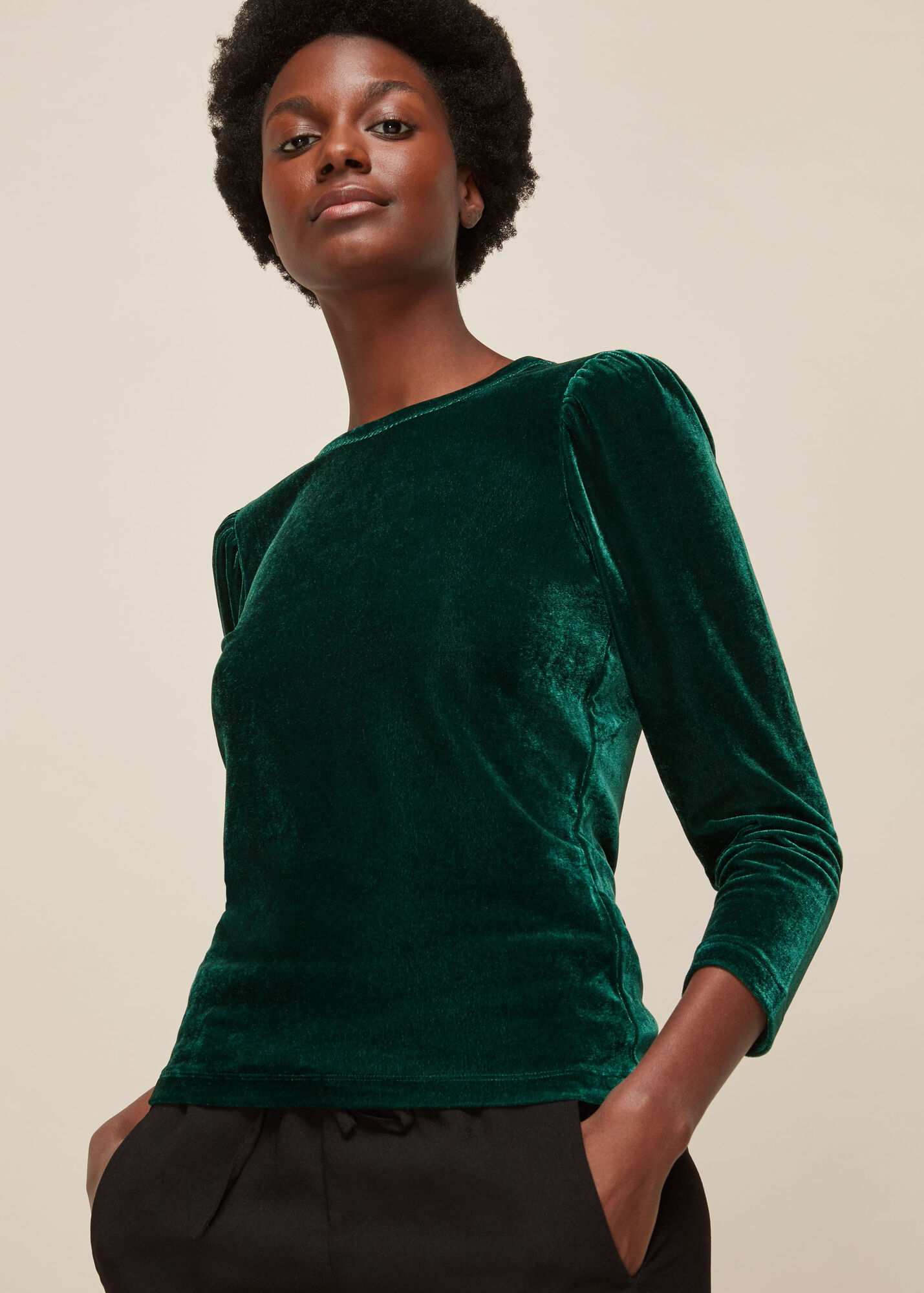 Dark Green Puff Sleeve Velvet Top WHISTLES