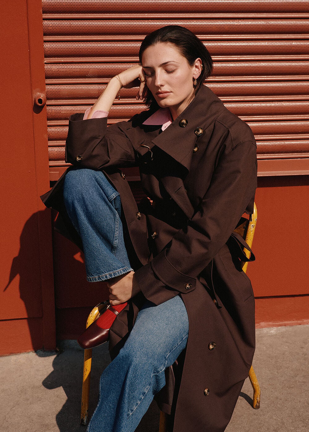 Brown Funnel Neck Trench Coat