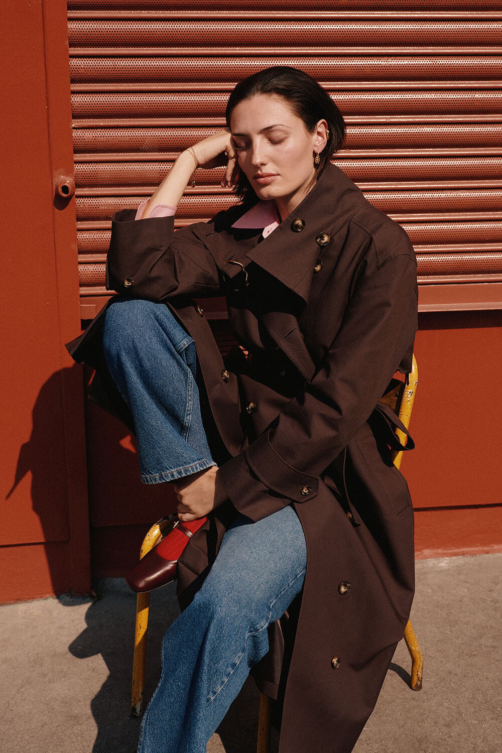 Brown Funnel Neck Trench Coat