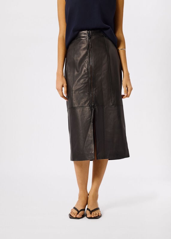 Black Zip Front Leather Pencil Skirt