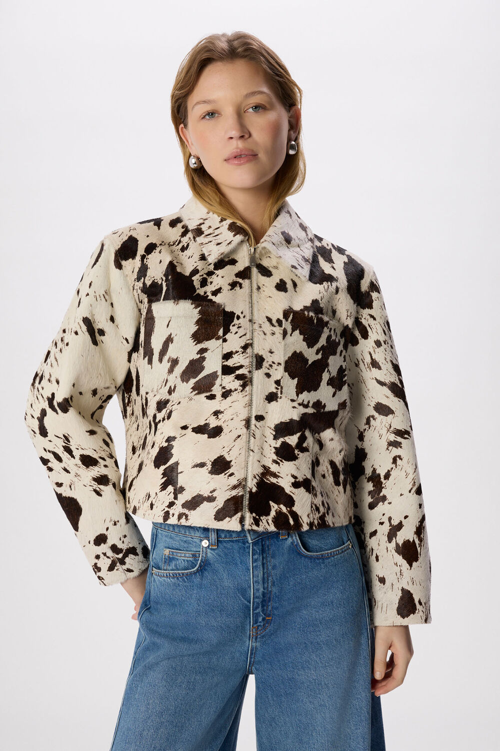 Brown Cow Print Zip Jacket