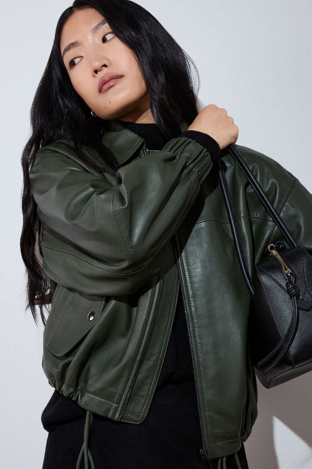 Khaki Frida Leather Bomber Jacket