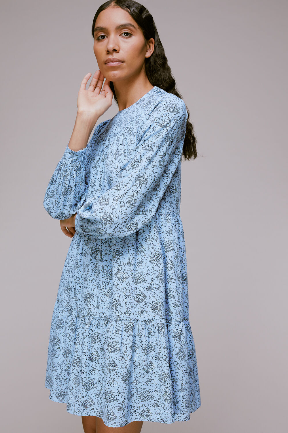 Blue Monument Print Trapeze Dress