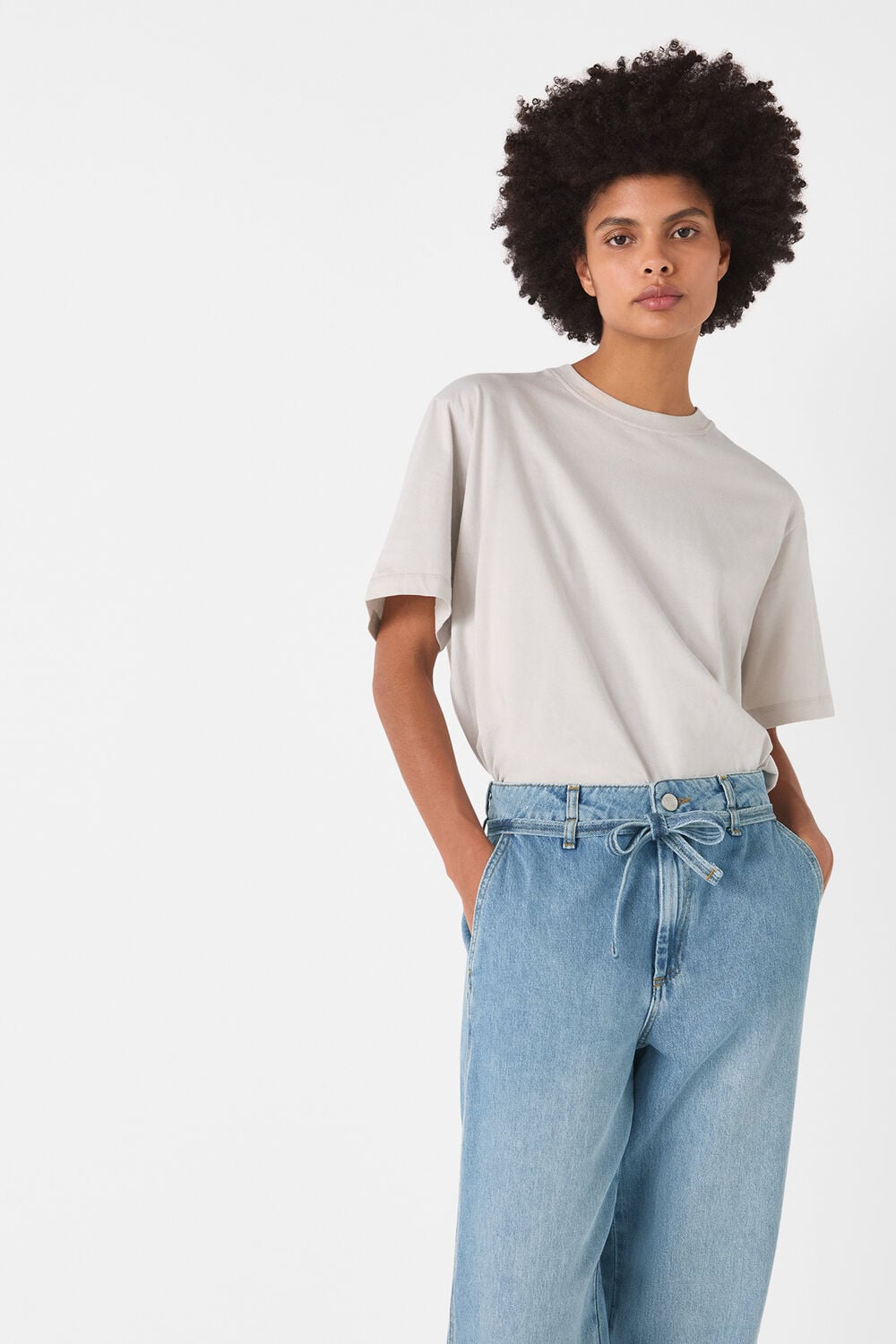 Light Wash Tie Waist Barrel Leg Jean