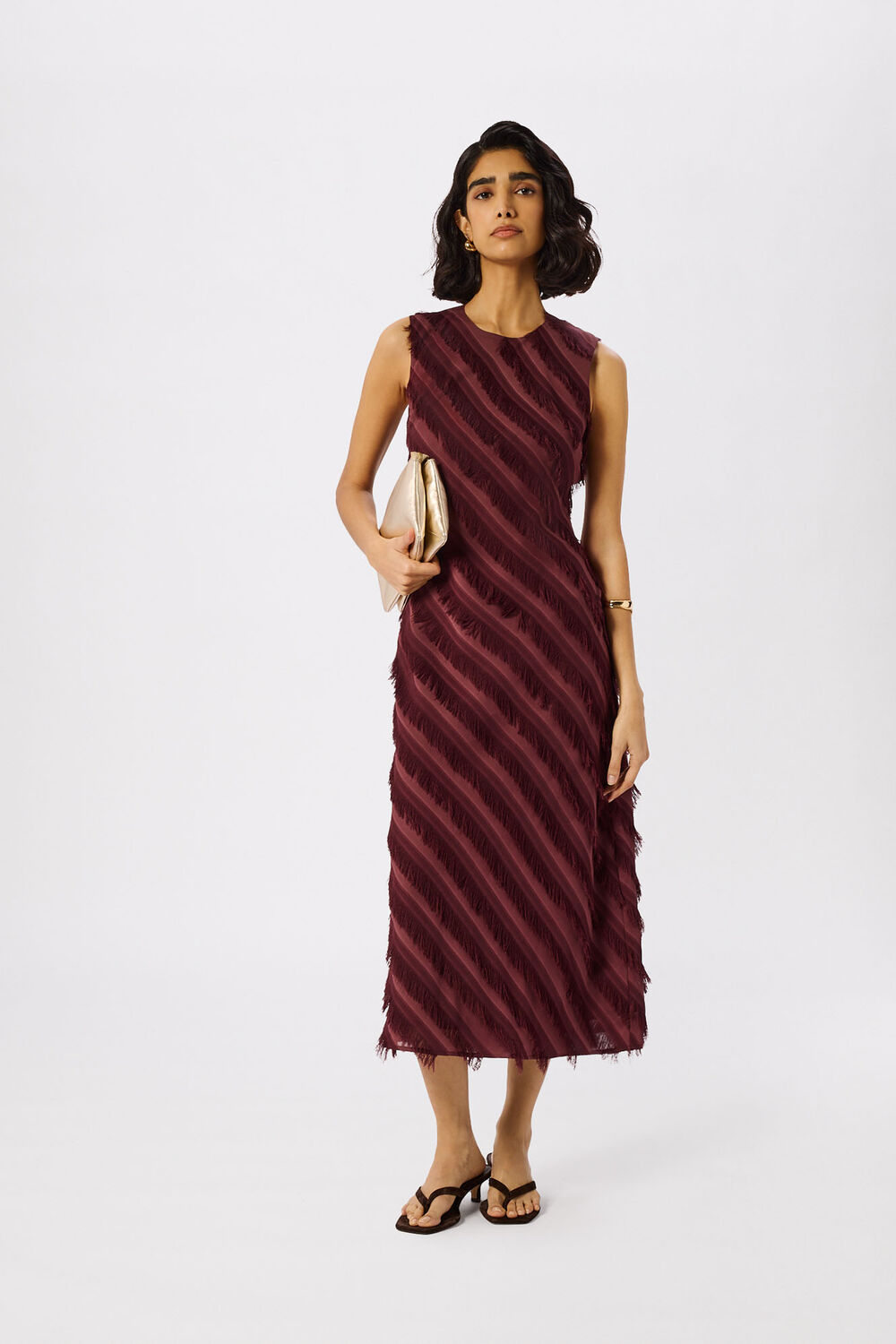 Brown Diagonal Fringe Textured Dress