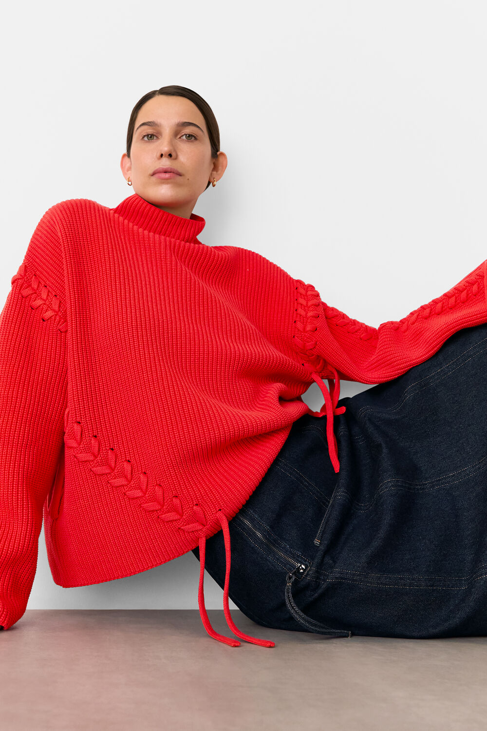 Red Lacing Detail Rib Sweater