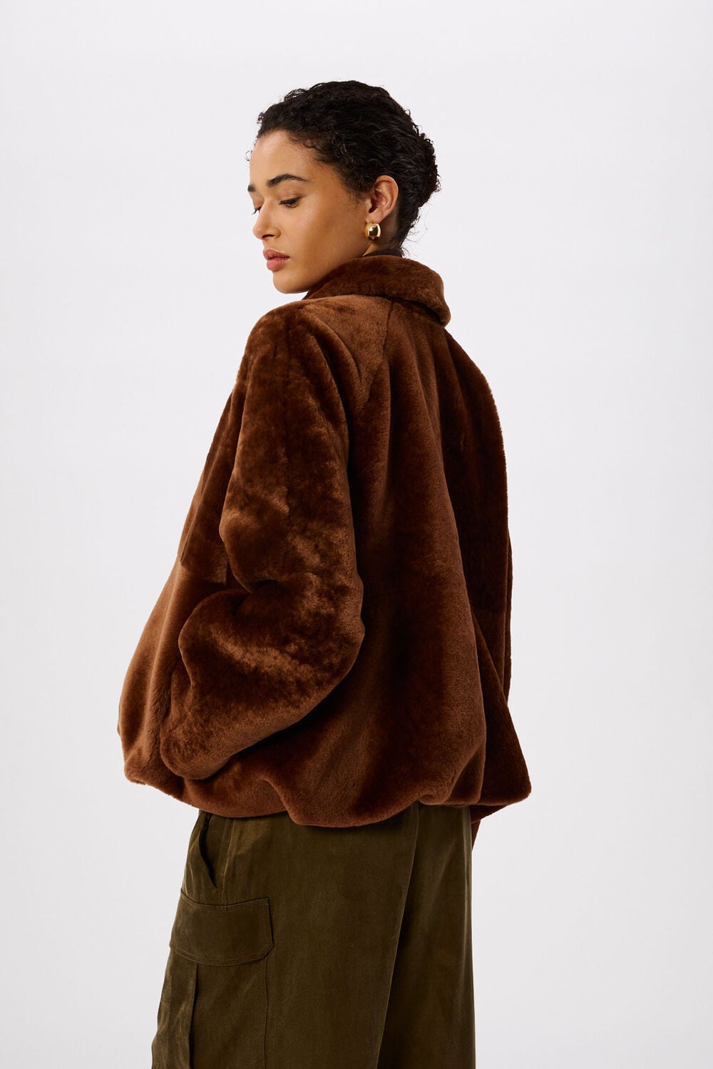 Chocolate Gathered Shearling Jacket