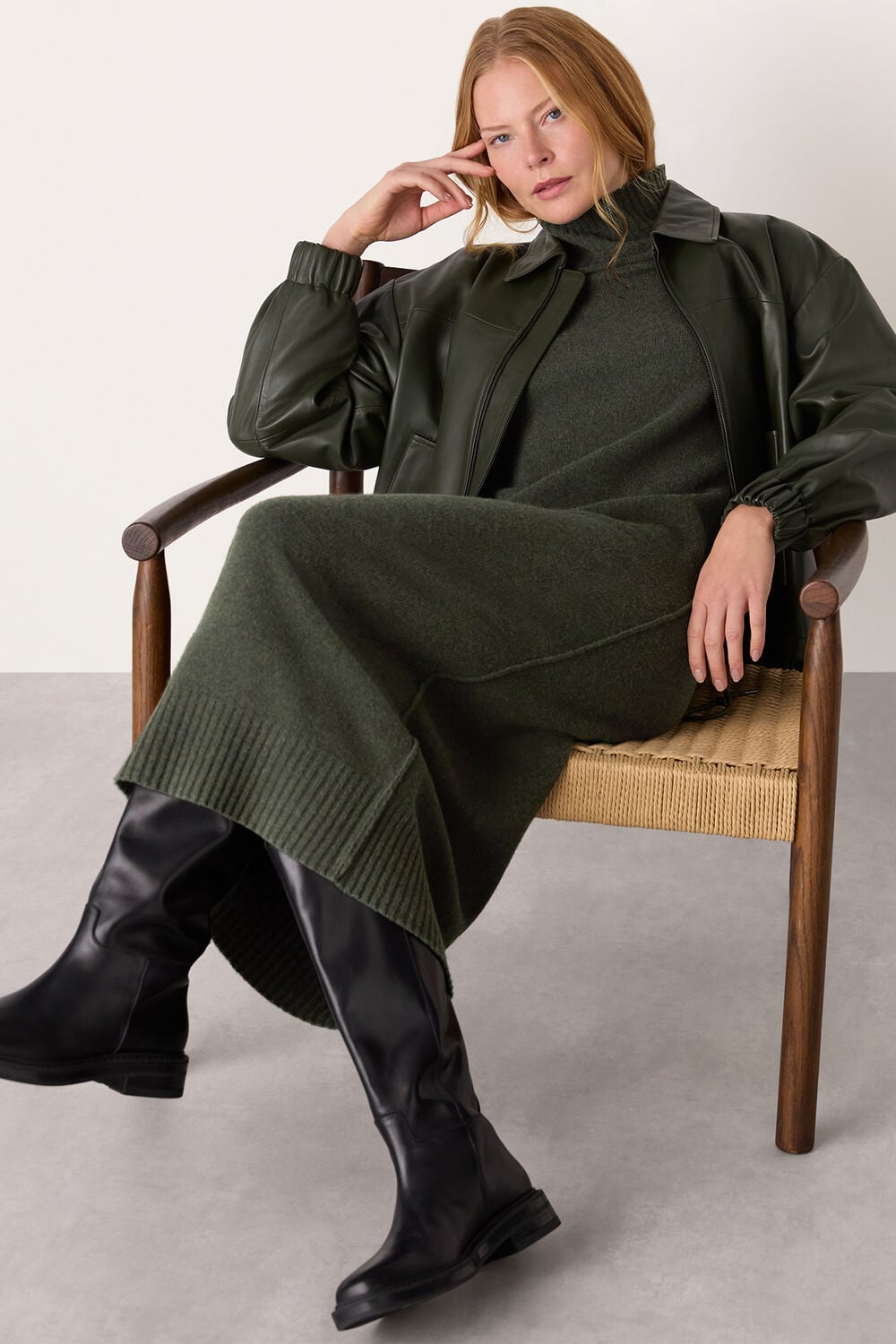 Dark Green Funnel Neck Wool Midi Dress