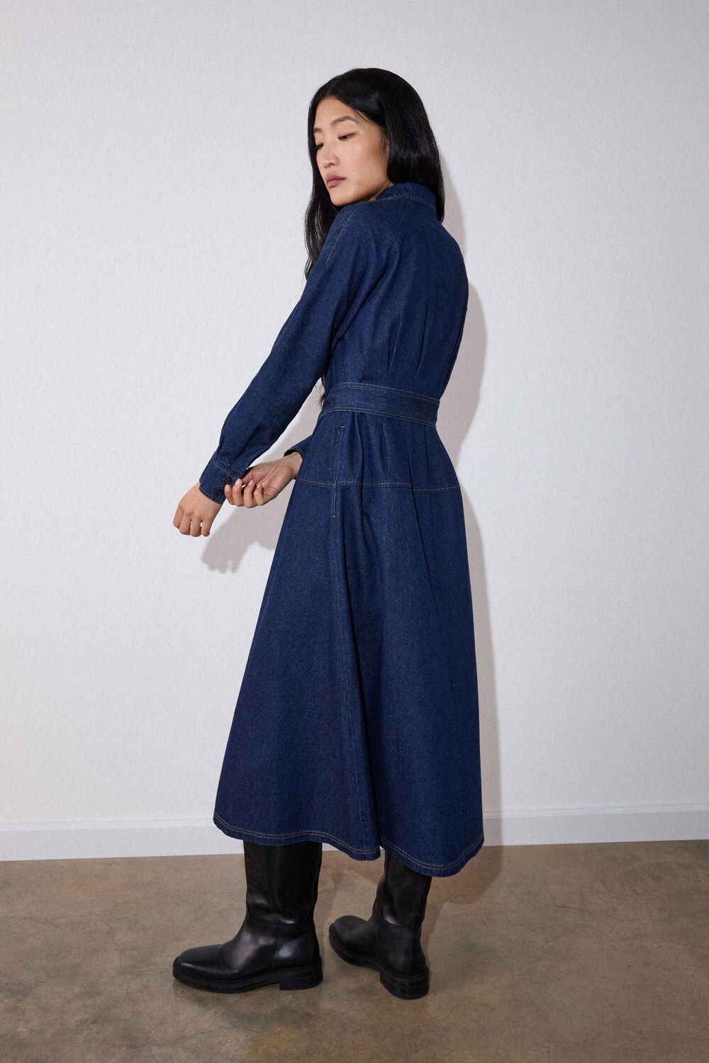 Dark Denim Waisted Midi Shirt Dress