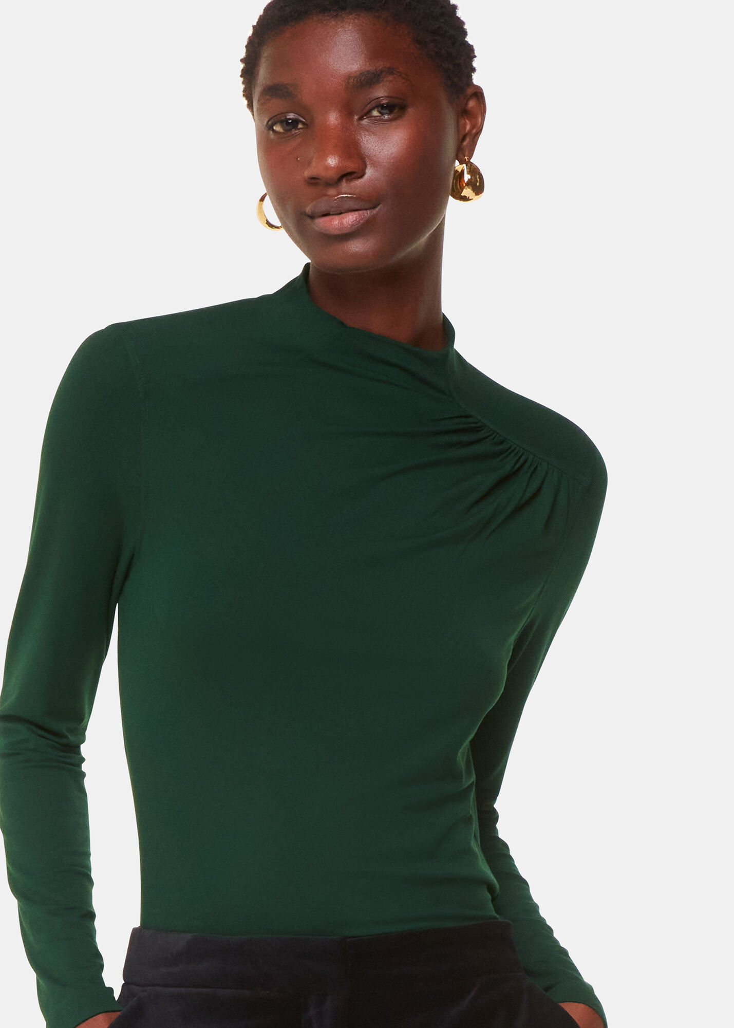 Dark Green Ruched Front Detail Jersey Top | WHISTLES | Whistles US |