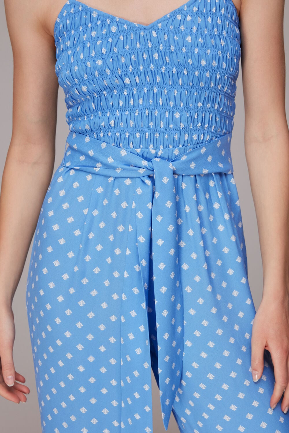 Blue Rounded Leaf Shirred Jumpsuit