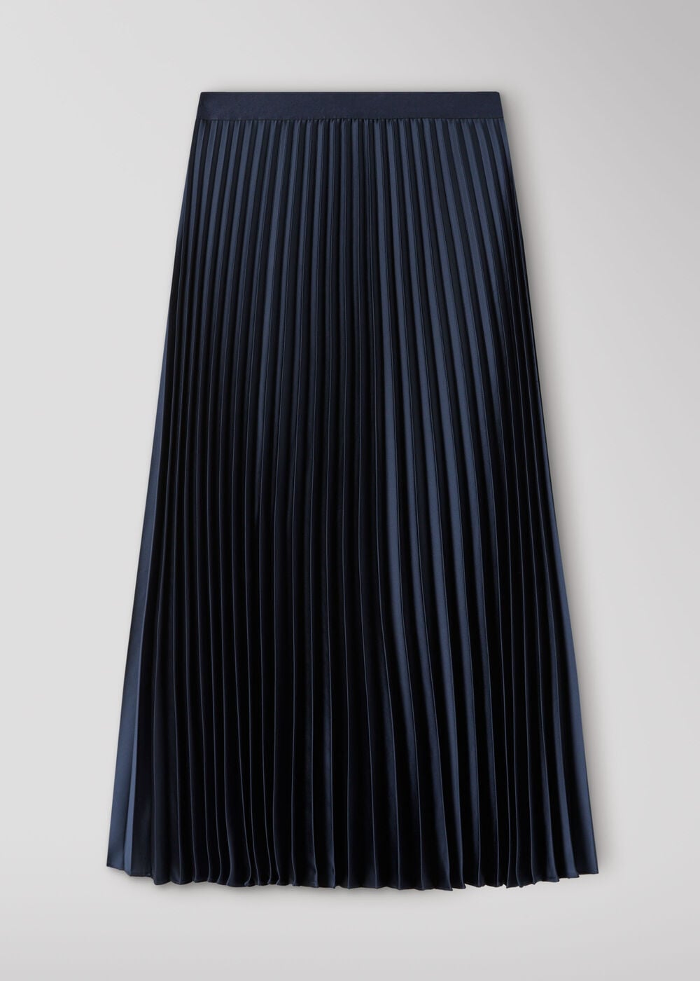 Navy Satin Pleated Midi Skirt