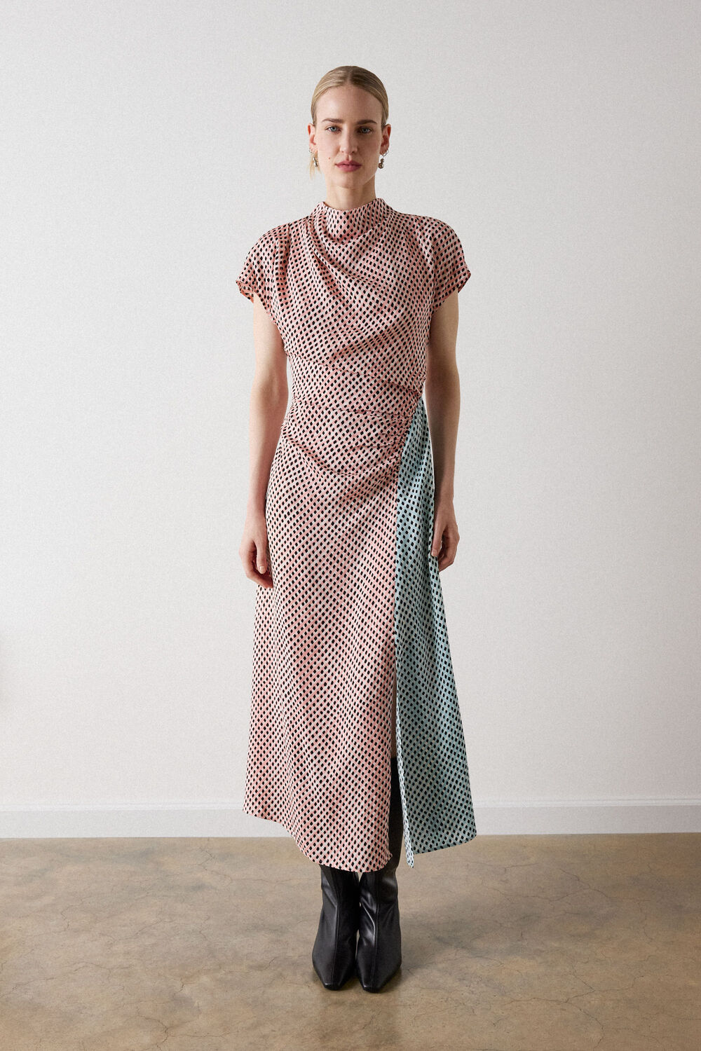 Pink Graphic Check Cowl Neck Dress