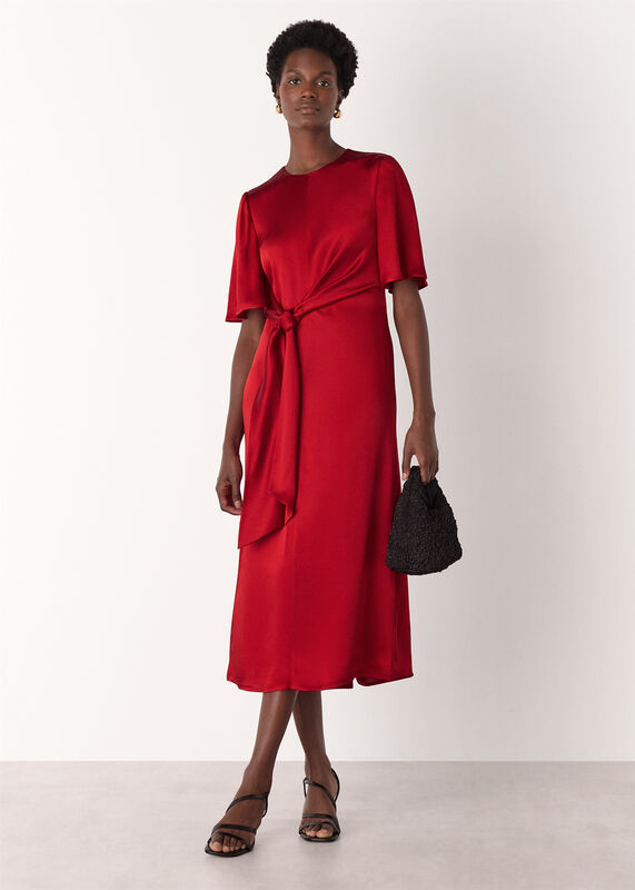 Red Satin Twist Waist Midi Dress