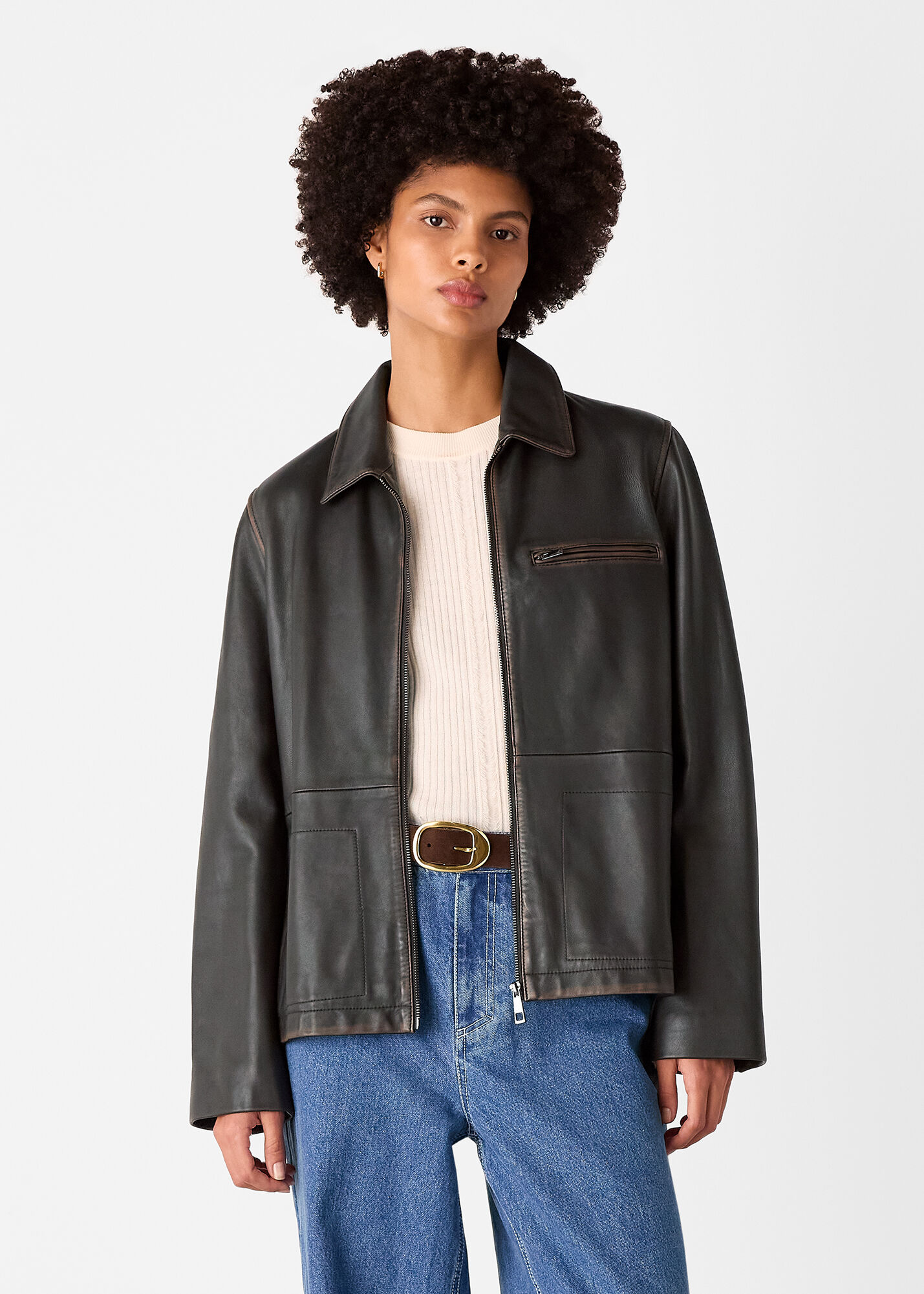 Brown Kate Burnished Leather Jacket | WHISTLES | Whistles US |