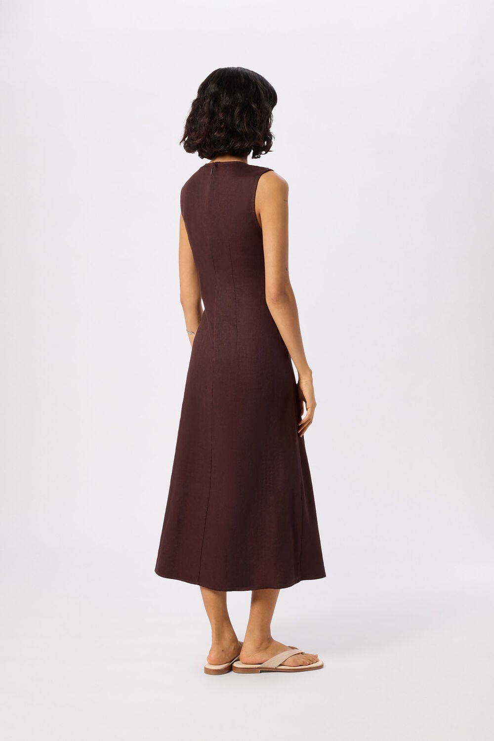 Brown Bias Cut Linen Dress