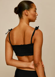 Shirred Tie Strap Bikini Top Black