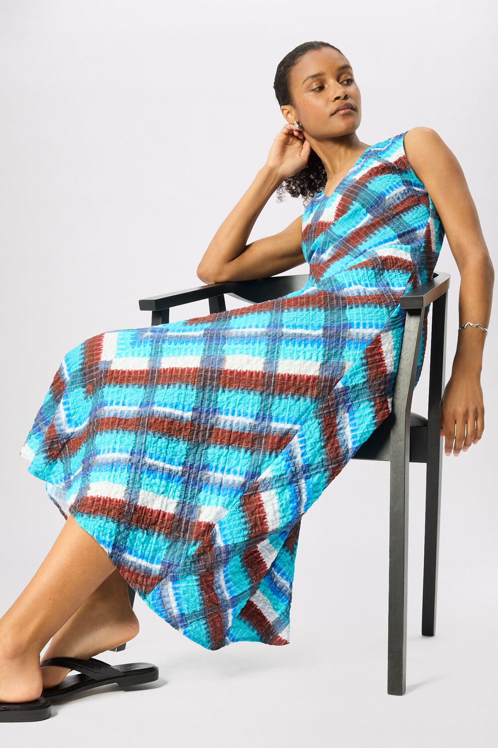 Blue Checked V Neck Textured Dress