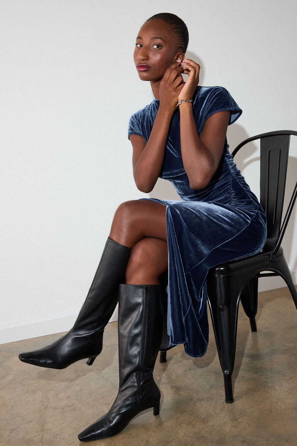 Navy Velvet Ruched Midi Dress