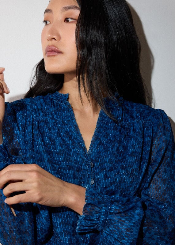 Blue Floral Textured V Neck Blouse