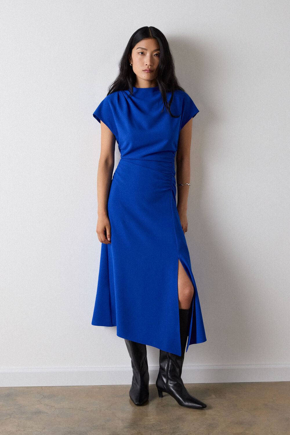 Blue Crepe Ruched Midi Dress